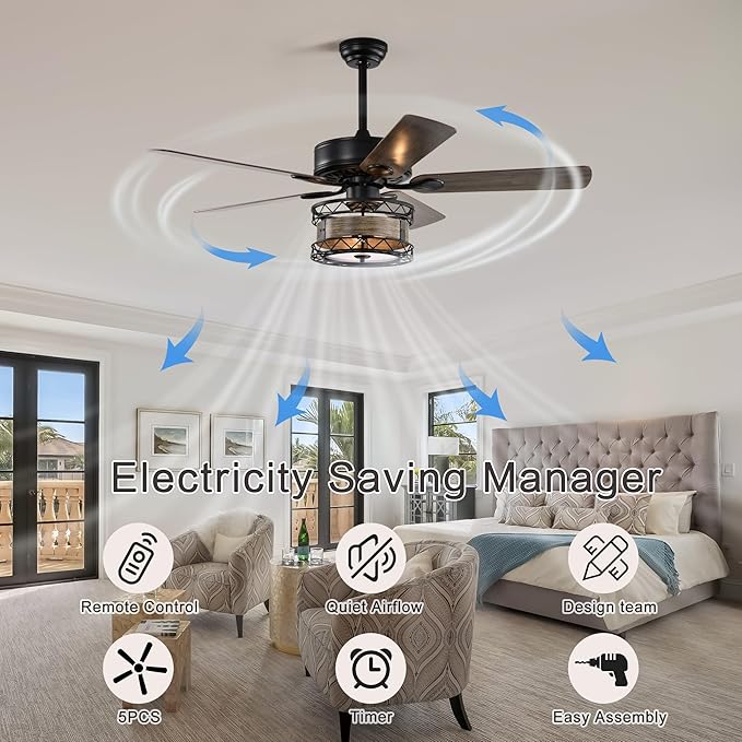 NicBex Ceiling Fan 52 Inch Ceiling Fan with Lights Vintage Ceiling Fans with 5 Blades and Remote Control Reversible Ceiling Fan with Lamp Shade for Bedroom, Living Room, Matte Black