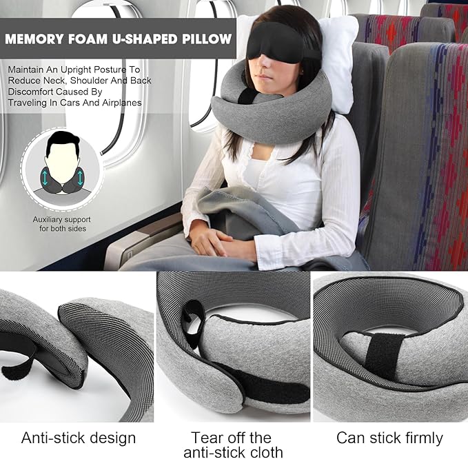 Neck Pillow, 2024 New Neck Pillow, Memory Cotton Neck Pillow, Can Store U-Shaped Pillow, Suitable for Airplanes, Cars, Offices, Upright Sleeping Neck Pillow (Gray)