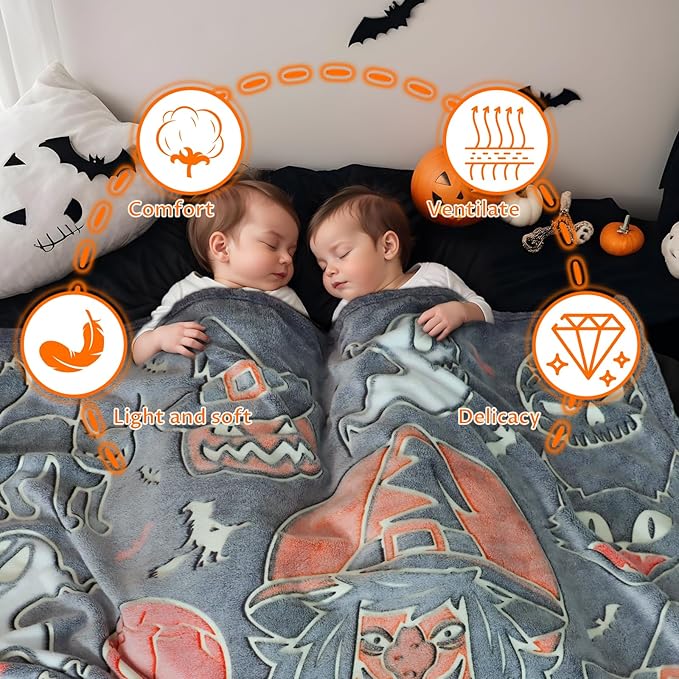 Halloween Blanket Pumpkin Throw Blanket Witchy Blanket Glow in The Dark for Kids Adults Halloween Decorations 50"x60"