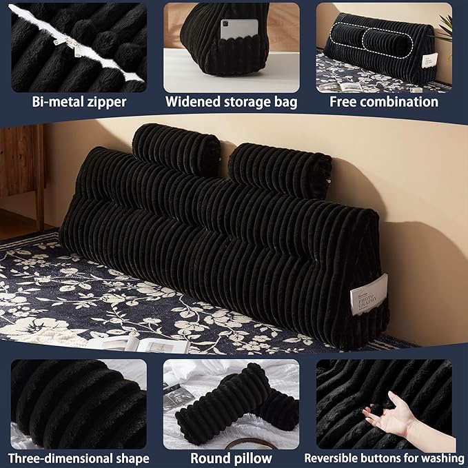 Faux Fur Headboard Pillow with 2 Pack Neck Roll Pillow Large Headboard Pillow Soft and Supportive with Removable Cover (Black, King)