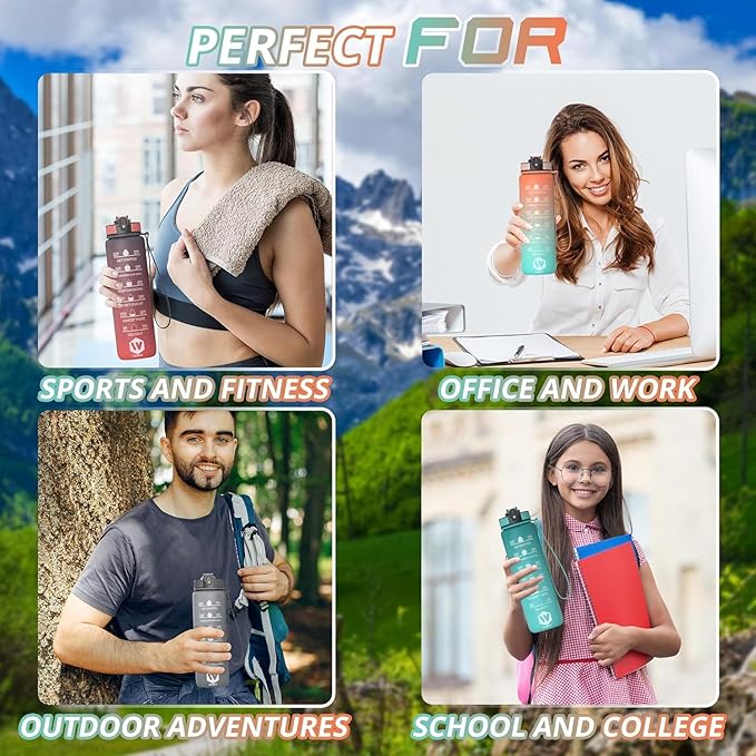 32 oz Water Bottle with Time Marker- Leak-Proof & BPA Free Reusable Gym Water Bottle - Easy to Carry Motivational Water Bottle for Fitness, Sports, Outdoor, (Gray with covered lid)