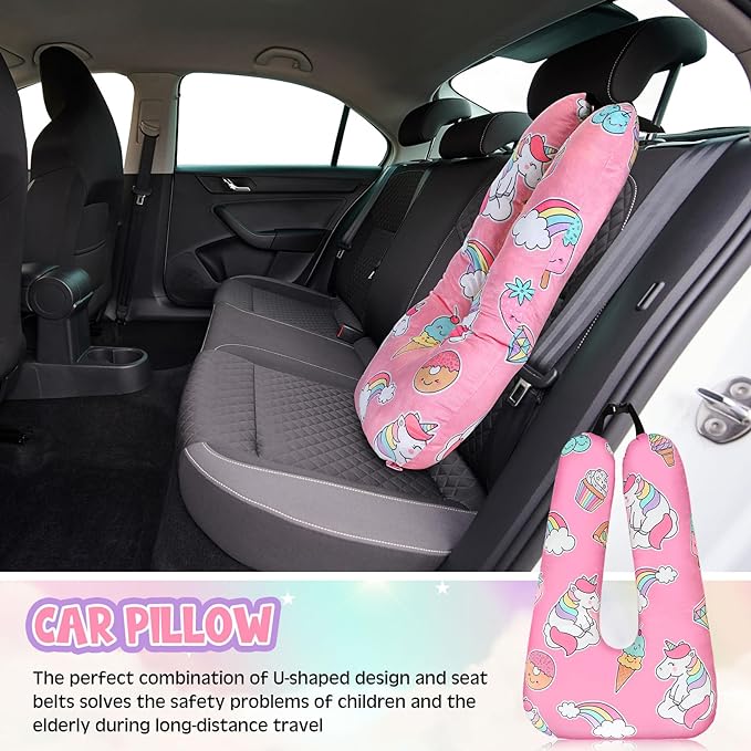 Barydat Car Pillow 28 x 18 Inch Car Travel Pillow Pink Unicorn U Shaped Neck Pillows Sleeping Reading Pillows for Long Distance Soft Washable Airplane Pillow for Adults Head and Body Support