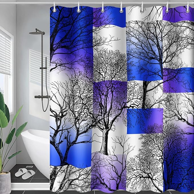 AILONEN Blue and White Tree Abstract Shower Curtain,Minimalist Printed Plant Tree Arts Bath Curtain,Modern Boho Waterproof Curtain for Bathroom Decor, 60" W x 72" H
