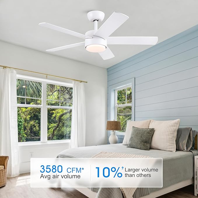 42 inch White Ceiling Fan with Lights and Remote Control, Dimmable Ceiling Fans with Lights,3-Color, Quiet Reversible 6-Speed, Wood Modern Ceiling Fan for Bedroom, Living Room, Dining Room