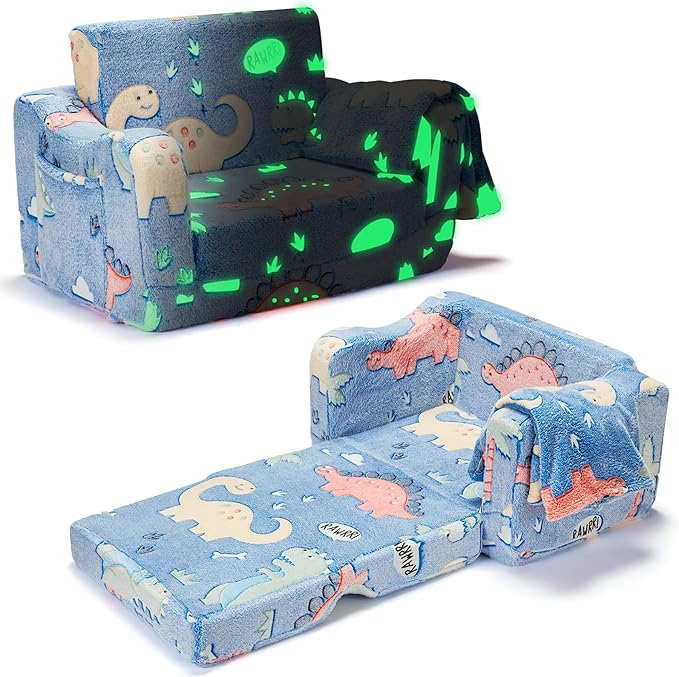 2-in-1 Toddler Chairs Comfy, Toddler Couches That Fold Out,Glow in The Dark, Extra Wide Kids Chairs for Toddler, Baby Couch for 1-3 Year Old Gifts for Girls & Boys, Blue
