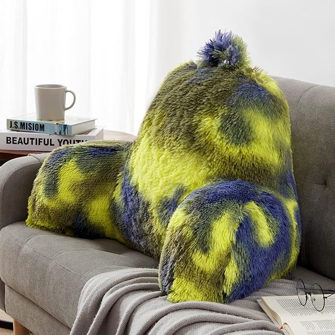 Fur Reading Pillow w/Unique Camo Colors, Fluffy Cozy Bed Rest Pillow Lounge Cushion with Arms for Adults & Kids, Back Pillow for Sitting in Bed Couch Chair, Functional Bed Wedge Pillows