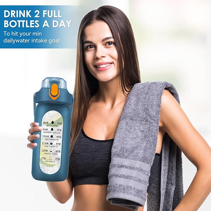 32 oz Glass Water Bottle with Time Marker - 1000ml Large Sports Motivational Water Bottles with Handle & Silicone Case, 1 Liter Leak-proof Measured Drinking Bottle for Gym Fitness Workout (Deep Blue)