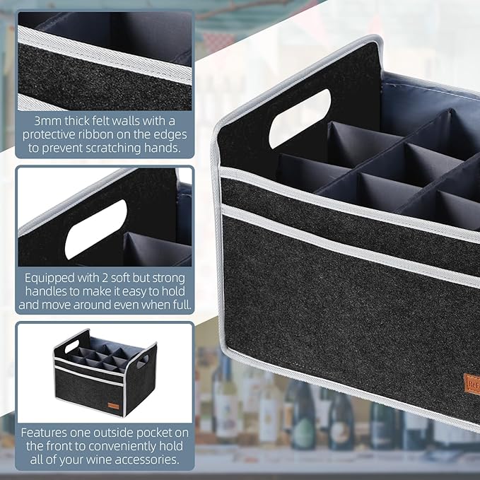 12 Bottle Wine Carrier, Thicken Felt Wine Carry Case Collapsible Wine Bottle Storage Box Liquor Bottle Tote with Handles for Travel, Party, Picnic (Dark Gray)