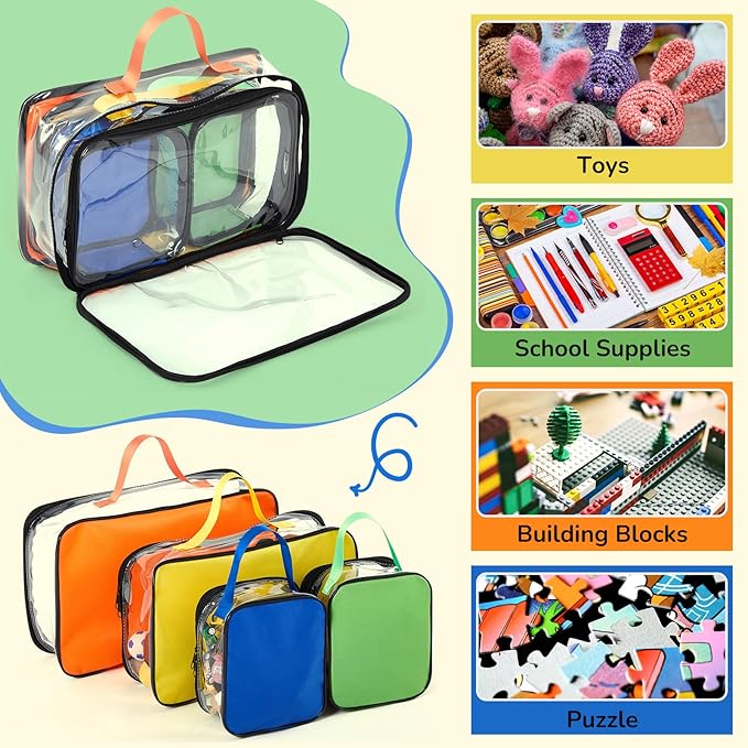 4 Pcs Toy Storage Bags PVC Travel Organizer Case Clear Reusable Toy Carrying Case with Portable Handheld for Building Blocks Car Toy Dolls Crafts Board Games Clay Puzzles Books Storage
