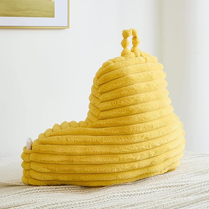 Faux Fur Fluffy Yellow Reading Pillow with Pockets, Luxury Striped Plush Decorative, Arm Rests and Back Surport for Bed Rest, Lounging on Sofa, Large