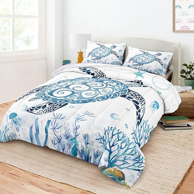 Bedbay Sea Turtle Comforter Set Coastal Bedding Set Turtle Printed 4 Pcs Beach Bedding Quilt Set Coral Blue Underwater World Duvet Set Girls Teen Sealife Ocean Comforter Bedroom Decor(Coral,Queen)