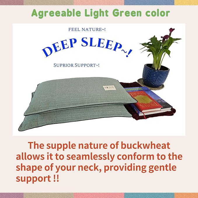 Buckwheat Pillow for Sleeping-Breathable for Cool Sleep,Cervical Support for Back and Side Sleepers,Korean Style,Standard Size 22"x14"(1pc), Light Green