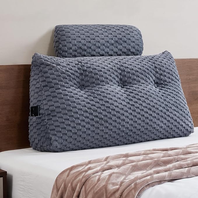 Wedge Headboard Pillow - Bed Wedge Pillow for Headboard Triangular Headboard Pillow with Neck Roll Pillow-Large Bolster Pillow for Sitting in Bed Backrest Positioning Support (Grey,39x8x20 Inches)