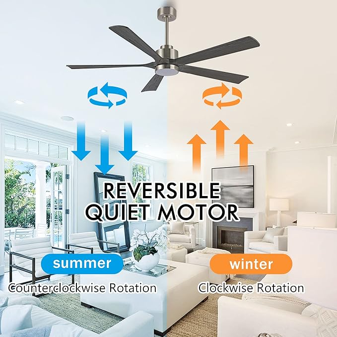60" Modern Ceiling Fan with Lights and Remote Control, 5 Solid Wood Blades 6-Speed Noiseless Reversible DC Motor, Ceiling Fan for Bedroom Dinning Living Room, Nickel Finish with Wood Blades