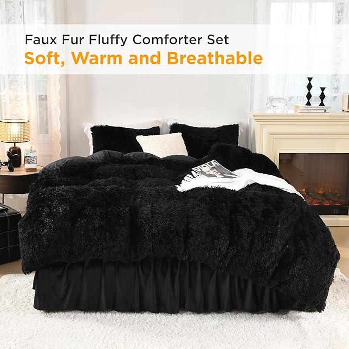 Litanika Black Fluffy Comforter King Size, Luxury Plush Faux Fur Bedding Set for King Bed, Ultra Soft Warm Velvet Fuzzy Comforter 3 Pieces(1 Shaggy Comforter 104×90 Inch, 2 Pillowcases)