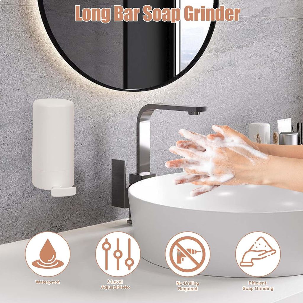 Bar Soap Dispenser & Grinder - Wall-Mounted Hygienic Soap Shaver with One-Touch Operation, No Drilling Easy Install for Bathroom/Kitchen (White, NO SOAP) - Perfect for Handmade Soap & Skincare