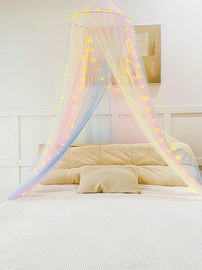 Mosquito Net Bed Canopy for Girls,Rainbow Canopy with LED Lights Bed Curtains Full Queen Size from Ceiling,Dome Mosquito Netting Bed Tent Twin Girls Princess Canopy King Bed Decor