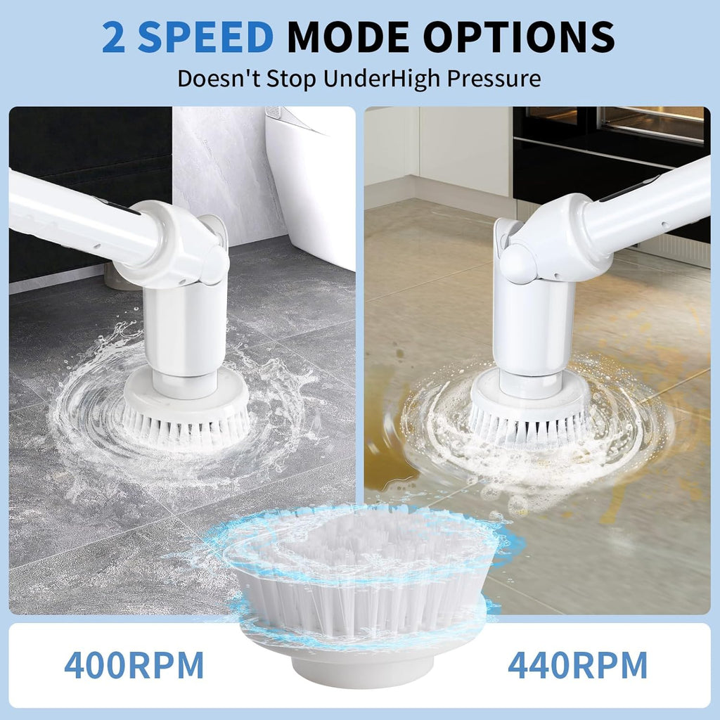 Electric Spin Scrubber - Cordless Cleaning Brush with Digital Display, 2 Speeds, 8 Brush Heads, IPX7 Waterproof, Adjustable Long Handle for Bathroom, Tub, Tile, Shower, and Car（Grey）