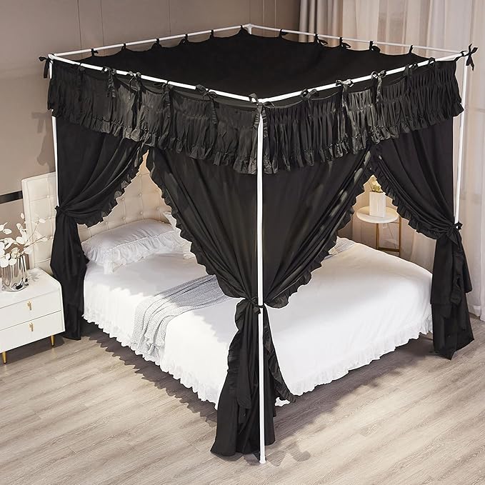 Ruffle Lace up 4 Corners Post Princess Curtain Bed Canopy Cozy Breathable Mosquito Net Cloth for Girls Adults Bedroom Decoration (Black, 59" W*82" L*82" H/Queen)