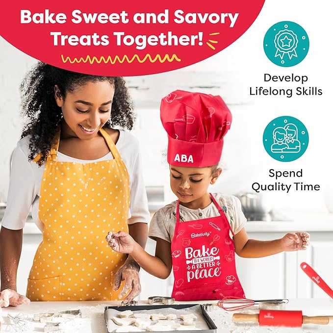 Baketivity Kids Chef Hat and Apron Set for Boys & Girls - One Size Fits All (Adjustable) - Premium, Washable Kids Apron and Chef Hat Set for Cooking - Young Chefs & Junior Bakers Chef Outfit for Kids