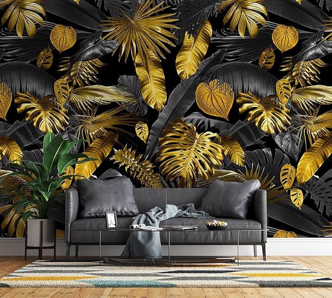 3D Black and Gold Leaves and Tropical Palm Leaves Wallpaper for Bedroom (Not Peel and Stick)