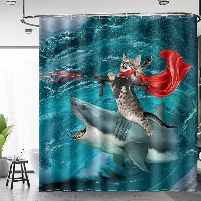 Funny Shark Cat Shower Curtain - Cute Cat Riding Shark in Ocean Fun Shower Curtains Set with 12 Hooks for Adults Bathroom Decor Accessories, 72"x72", Blue Red