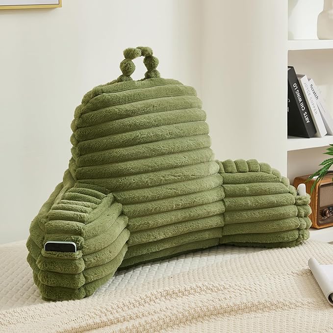 Faux Fur Fluffy Sage Reading Pillow with Pockets, Luxury Striped Plush Decorative, Arm Rests and Back Surport for Bed Rest, Lounging on sofa, Large