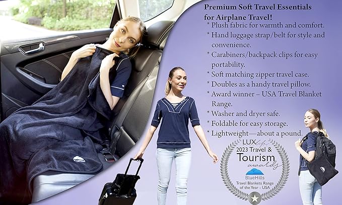 BlueHills Premium Soft Travel Blanket Pillow Airplane Blanket Packed in Soft Bag Pillowcase with Hand Luggage Belt and Backpack Clip, Compact Pack Large Blanket for Any Travel (Black T008)