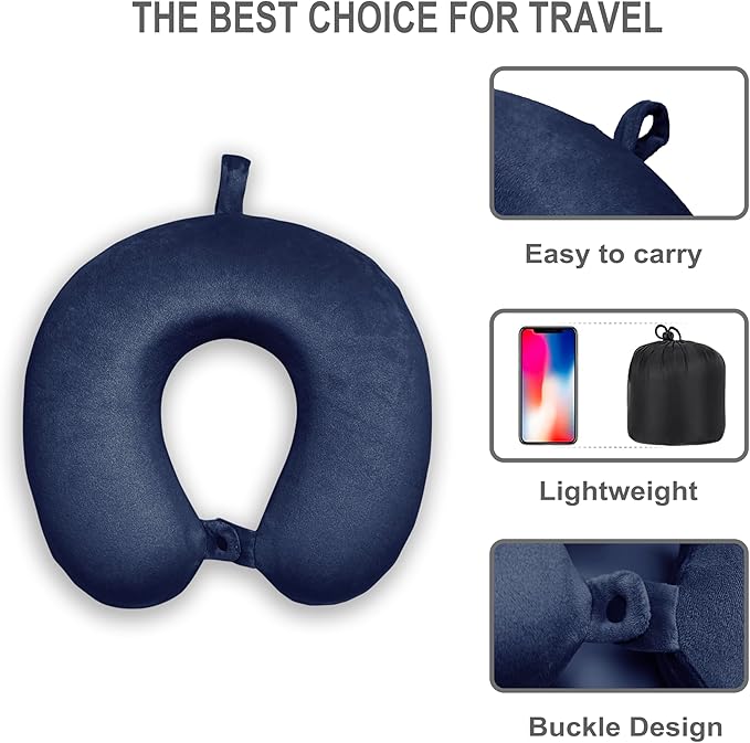 Neck Pillow for Airplane Travel, 100% Pure Memory Foam Travel Neck Pillow for Sleeping & Travel Essentials for Neck Rest, Dark Blue, Pack with Box