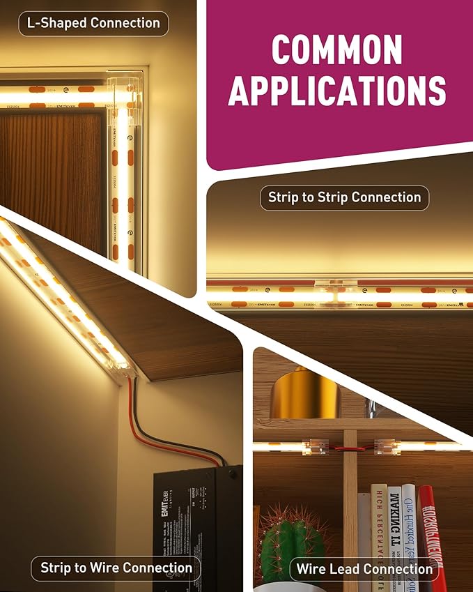 EMITEVER 8-in-1 LED Strip Connectors 12pcs, 2 Pin 8mm COB Tape Lights Terminal Connectors 8 Types Solderless Transparent Connection for 5V 12V 24V（Straight, Corner, Strip to Strip, Strip to Wire）