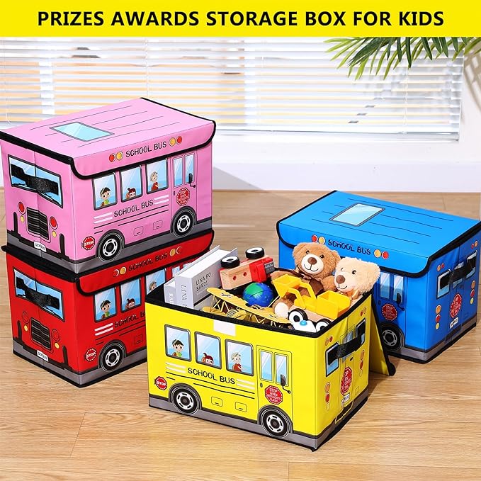 4 Pcs Prize Box for Classroom, School Bus Treasure Box Foldable Chest Storage Box Kids Toy Chest with Lid Treasure Storage Organizer Bin for Teachers Students Awards (Yellow, Pink, Red, Blue)
