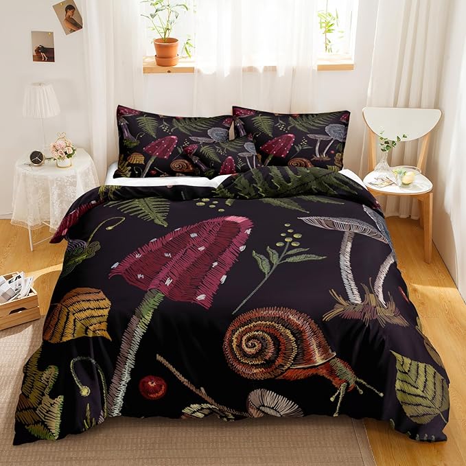 Bedbay Mushroom Comforter Set Queen Size 4 Pieces Retro Bedding Queen Bed Set Tropical Leaves Plant Mushroom Comforter Queen Set with 2 Pillowcases 1 Cushion Cover(Mushroom,Queen)