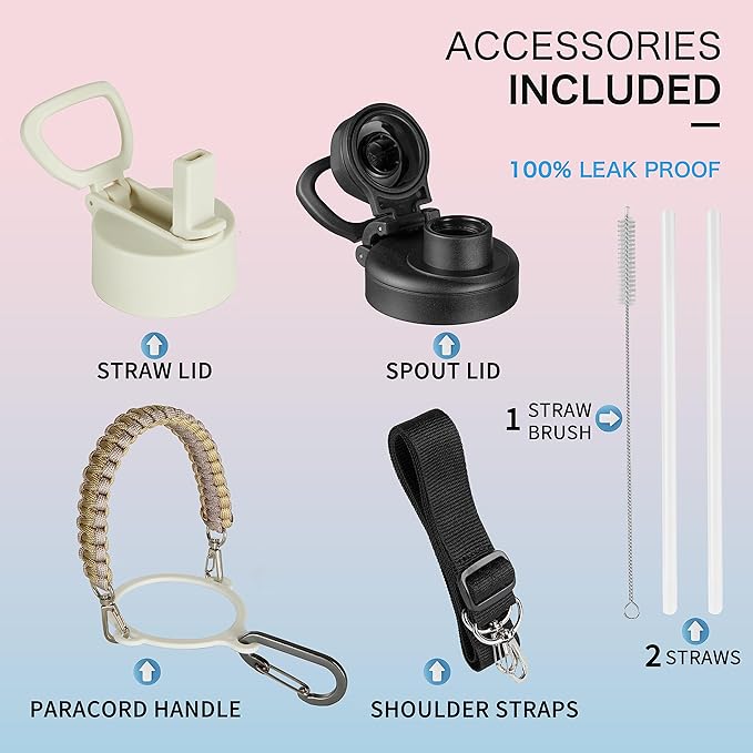 40 oz Insulated Water Bottle with Paracord Handles & Strap, 2 Lids(Straw Lid&Spout Lid), Stainless Steel Reusable Wide Mouth Metal Water Bottle With Straw, Double Walled, Thermo Mug（Cream)