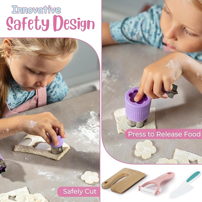 EMREY 13 Pieces Montessori Kids Cooking and Baking Set - Kids Knife Set for Real Cooking, Durable Kids Cutting Board, Knife Set, Silicone Spatula, Whisk, Cookie Cutters, Kids Apron, Toddler Kitchen