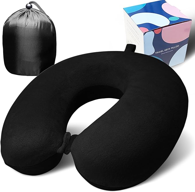 Neck Pillow for Airplane Travel, 100% Pure Memory Foam Travel Neck Pillow for Sleeping & Travel Essentials for Neck Rest, Black, Pack with Box