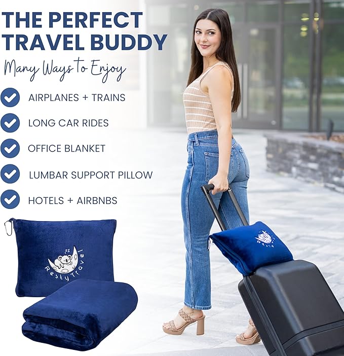 Resty Travel Blanket - Compact Airplane Blanket with Bag - Small and Lightweight Traveling Blanket & Pillow - Portable Blankets with Carabiner for Easy Transport - Plane Train Car (Navy Blue)