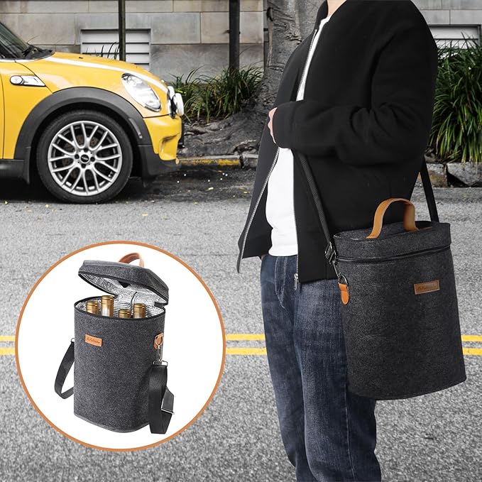 4 Bottle Carrier Tote, Thicken Felt Wine Carrier Padded Portable Wine Bottle Bag with Leather Handles & Shoulder Strap for Party, Picnic, Travel, BYOB (Dark Grey)