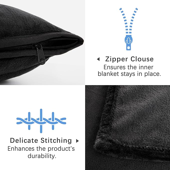 ATsense Travel Blanket Pillow, Premium 2 in 1 Soft Airplane Blanket Compact with Bag Pillowcase, Hand Luggage Sleeve and Backpack Clip - Travel Essentials for Long Trips, Flying and Car, Black