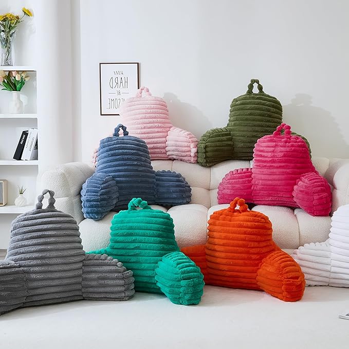 WERDIM Reading Pillow for Sitting in Bed, Faux Fur Back Pillow for Bed Rest, Bed Chair Pillow with Arms and Pockets(Standard, Grey)