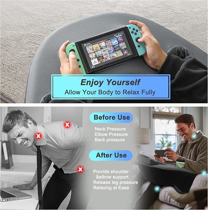 Reading Pillow for Lap, Memory Foam Gaming Pillow, Arm Rest Pillow with 2 Side Pockets&Cup Holders, Large Arm Rest Pillow for Gaming, Reading, Working Sitting in Bed Floor Sofa