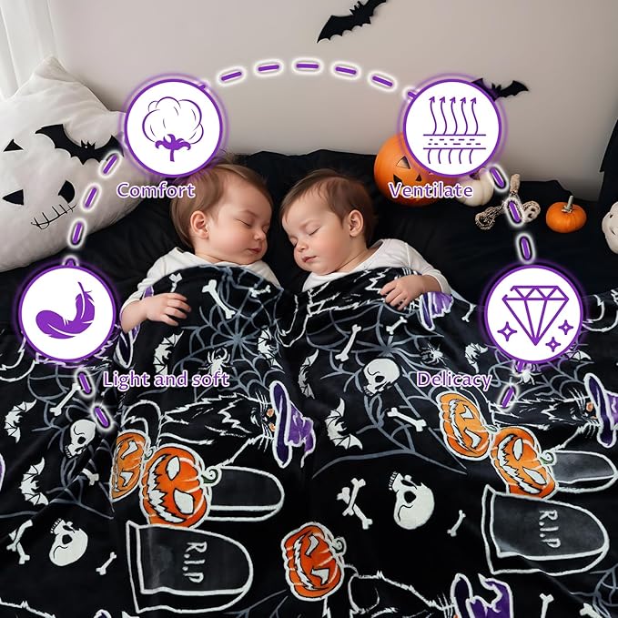 Halloween Throw Blankets Glow in The Dark Blanket Black Cat and Pumpkin Blanket for Women 50"x60"