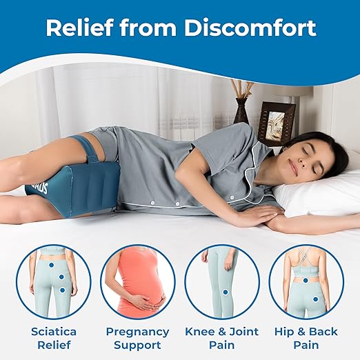 Inflatable Knee Pillow for Side Sleepers - Travel Knee Pillow - Leg Pillow for Side Sleeping - Hip, Back and Sciatica Pain Relief Pillow - Lightweight & Portable for Travel - Blue