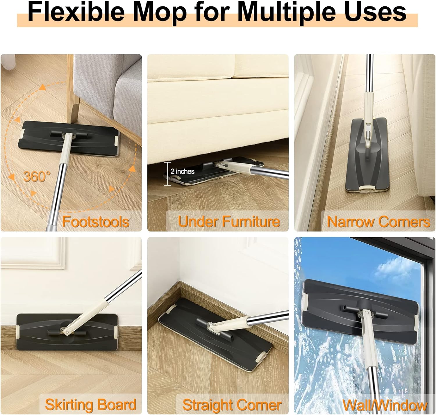 Jelymark Flat Mop and Bucket with Wringer Set, Separates Dirty and Clean Water, 3-Chamber Mop Wet and Dry Use, Not-Hands Squeeze Mops for Floor Cleaning, 8 Reusable Microfiber Mop Pads Included