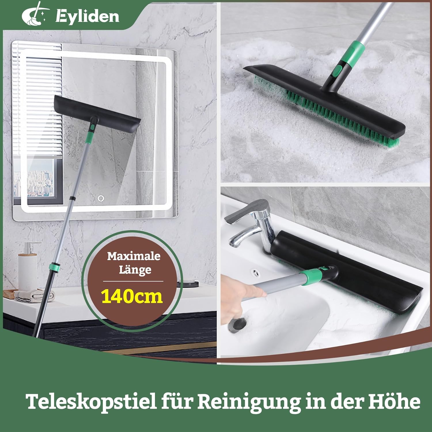 Eyliden X-Large Floor Scrub Brush, 2 in 1 Scrape Brushes with Rubber Squeegee | 55.3" Long Handle, 15" Wide Stiff Bristle Head | Floor Scrubber for Deck Kitchen Shower Bathroom Tub Tile Patio Wall