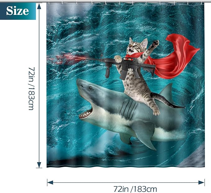 Funny Shark Cat Shower Curtain - Cute Cat Riding Shark in Ocean Fun Shower Curtains Set with 12 Hooks for Adults Bathroom Decor Accessories, 72"x72", Blue Red