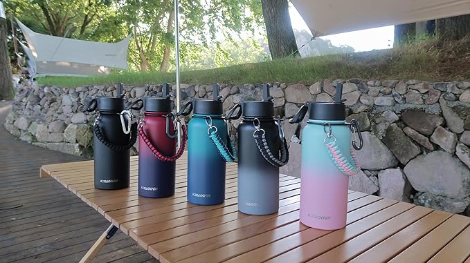 32 oz Insulated Water Bottle with Paracord Handles & Strap, 2 Lids(Straw Lid&Spout Lid), Stainless Steel Reusable Wide Mouth Metal Water Bottle With Straw, Double Walled, Thermo Mug(Dark Night)
