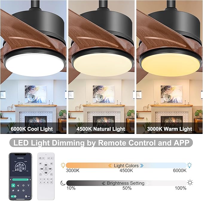 Ohniyou 56 Inch Ceiling Fan with Lights, Modern 3 Blades Ceiling Fan with Remote/APP Control Dimmable 3 CCT, Walnut Indoor Outdoor Ceiling Fan for Covered Patios Farmhouse Living Room