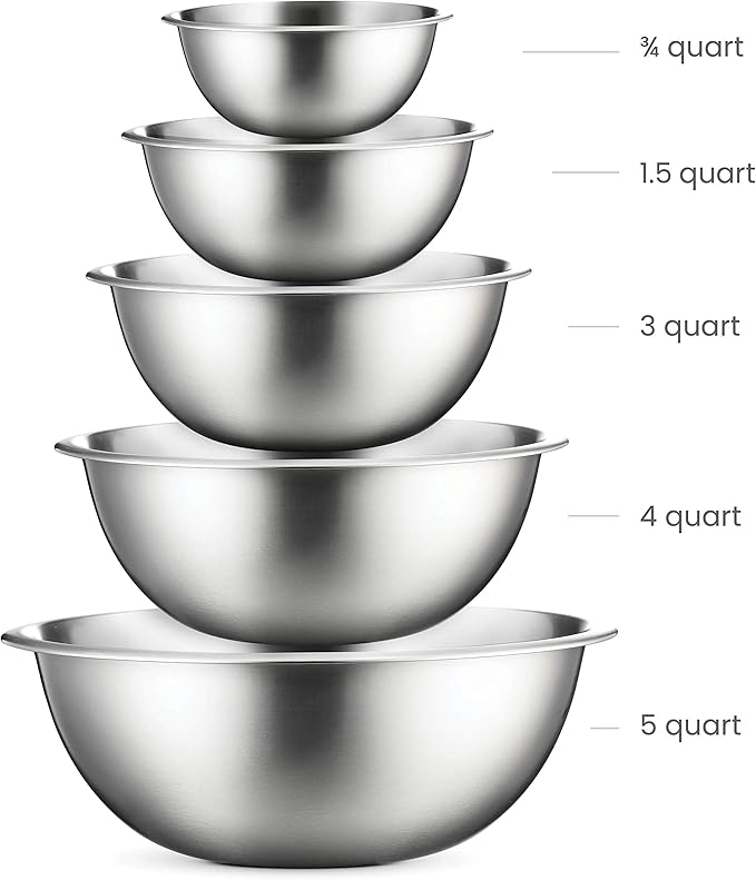 FineDine Stainless Steel Mixing Bowls (Set of 5) Stainless Steel Mixing Bowl Set - Easy To Clean, Nesting Bowls for Space Saving Storage, Great for Cooking, Baking, Prepping