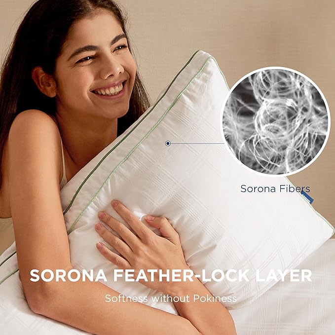 Bedsure Luxury Goose Feathers Down Pillow - 300 Thread Count Cotton Cover Gusseted Hotel Collection Bed Queen Pillow, Ultra-Soft High Elasticity Sorona Fiber Layer Pillows (1, Green, Standard)