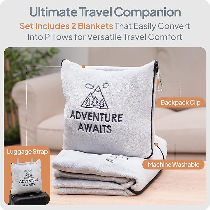 Travel Pillow and Blanket Set - Super Soft 2 in 1 Blankets with Cozy Hand & Feet Pouches Zip into Plush Pillows - Large Size Wraps You in Warmth on Airplanes - Luggage Sleeve & Backpack Clip (Gray)